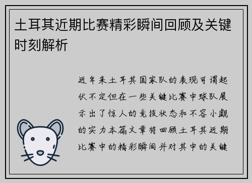 土耳其近期比赛精彩瞬间回顾及关键时刻解析